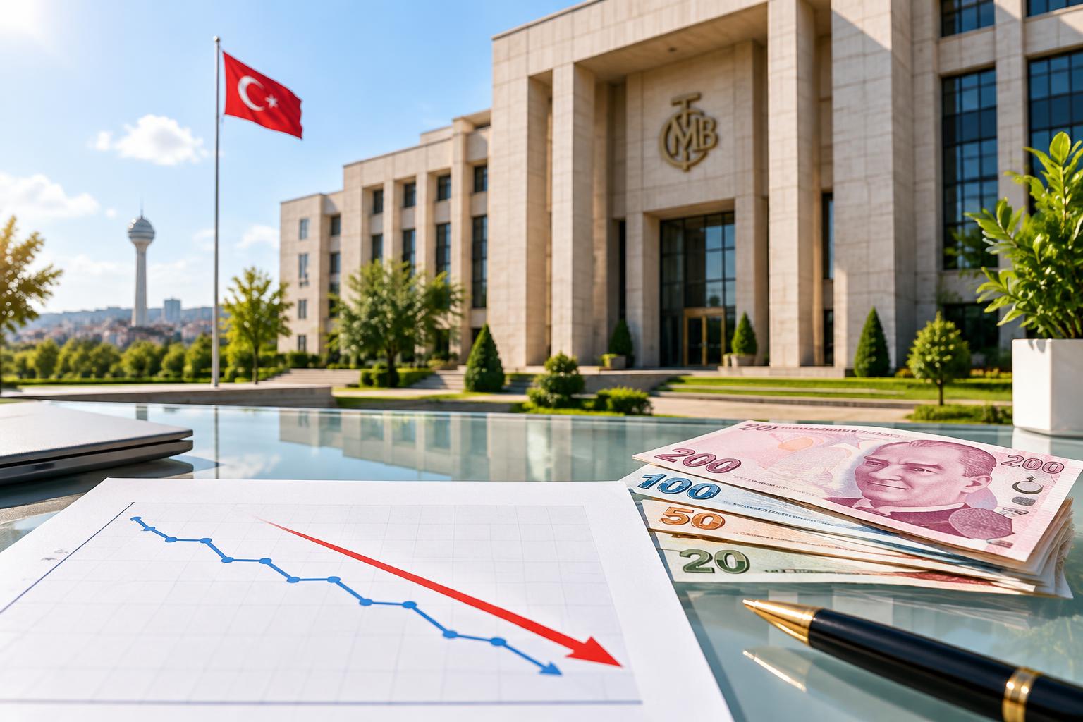 Merkez Bankası binası önünde düşen faiz grafiği ve Türk lirası banknotlar